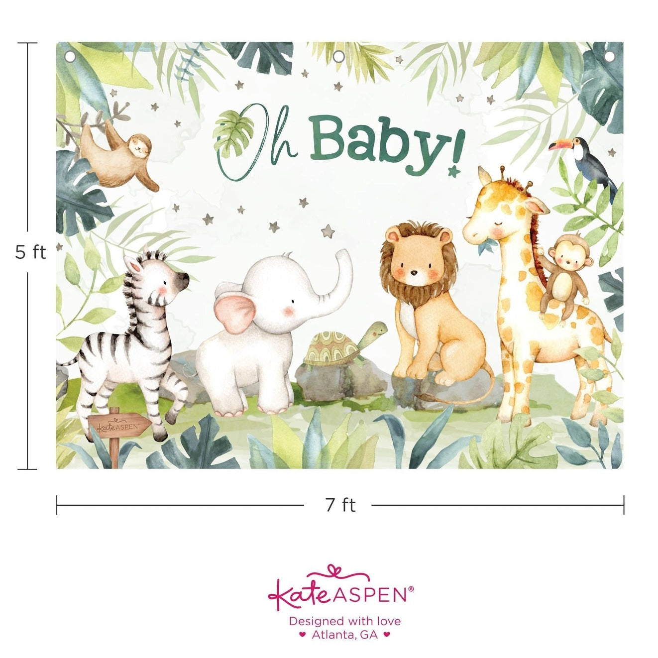 Green and white baby shower backdrop with cute jungle animals Oh Baby theme from Parte Haus party supply store in Bethesda MD