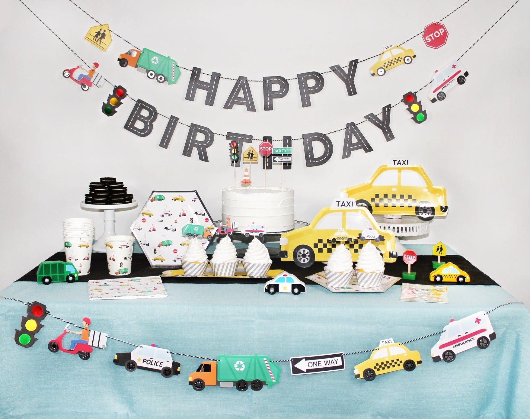 Yellow taxi and traffic themed birthday decorations kids birthday from Parte Haus party supply store in Bethesda MD