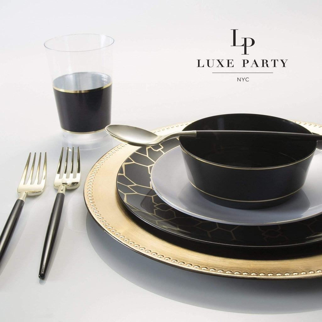 Black and gold dinnerware set with utensils elegant celebration from Parte Haus party supply store in Bethesda Maryland