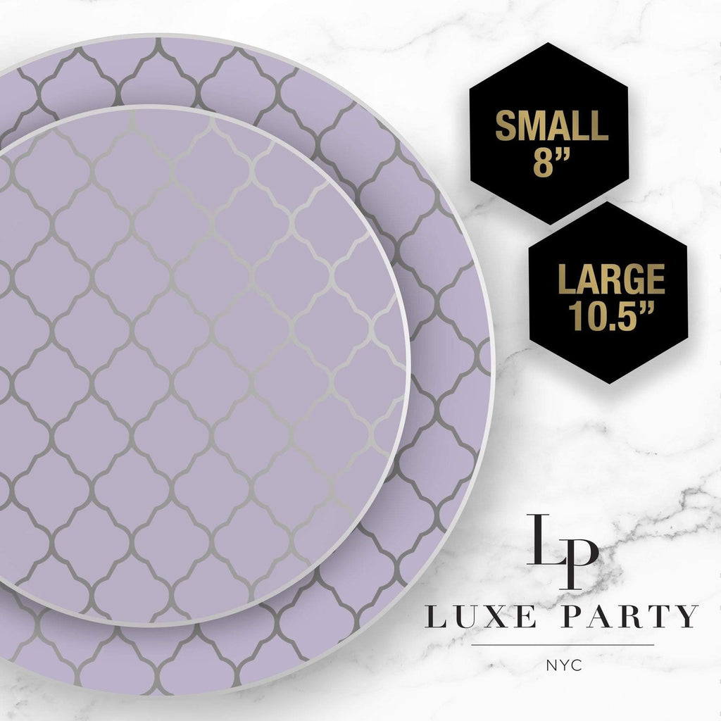 Lavender plates with silver geometric pattern elegant tableware birthday from Parte Haus party supply store in Bethesda MD