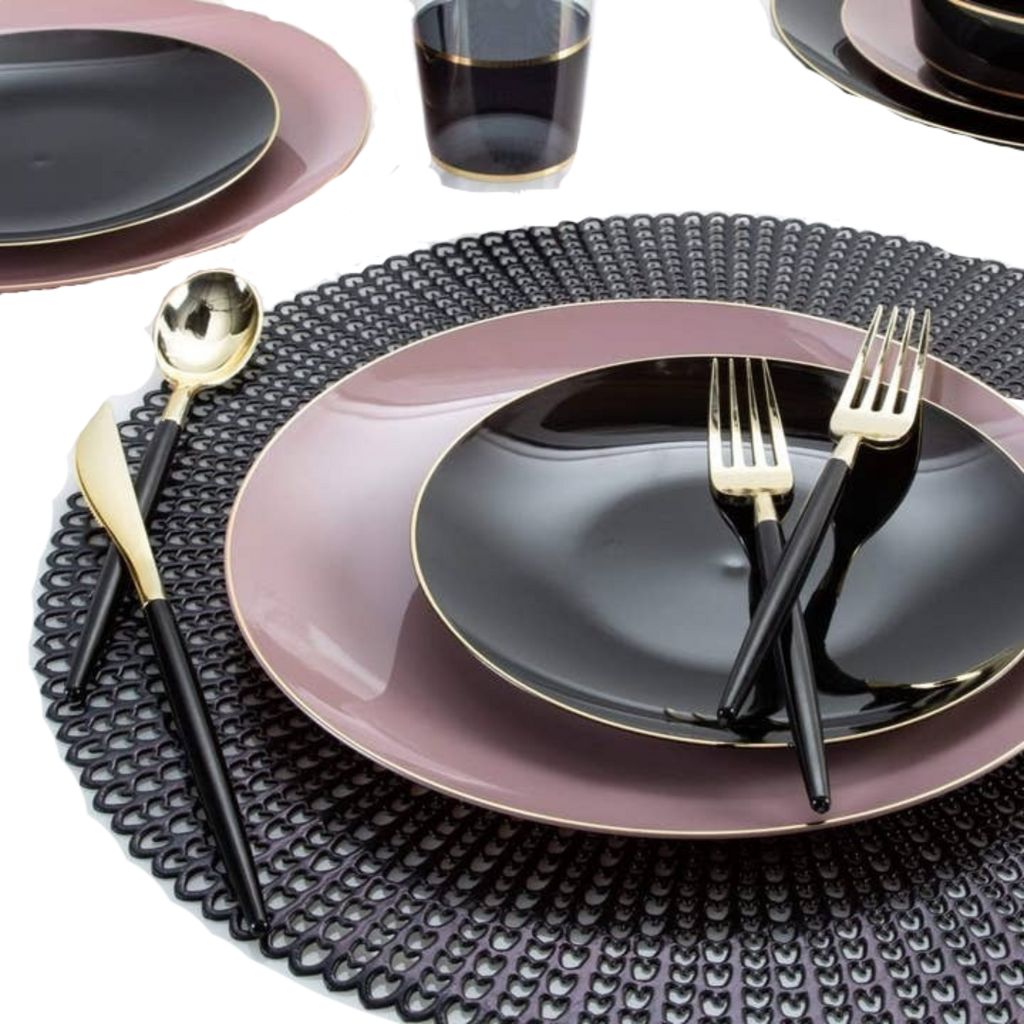 Black and mauve dinnerware set with gold trim elegant table setting from Parte Haus party supply store in Bethesda MD