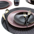 Black and mauve dinnerware set with gold trim elegant table setting from Parte Haus party supply store in Bethesda MD