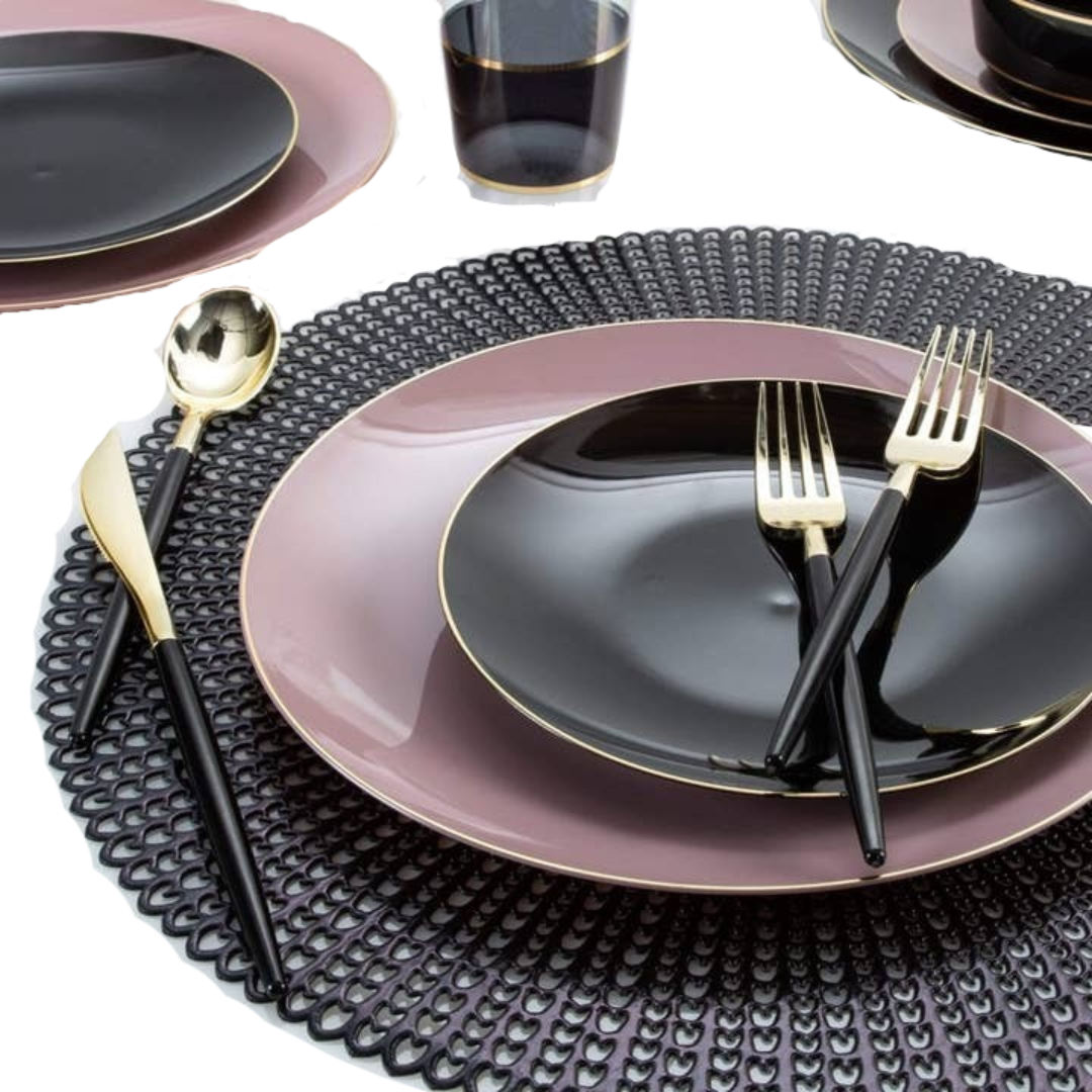 Black and mauve dinnerware set with gold trim elegant table setting from Parte Haus party supply store in Bethesda MD