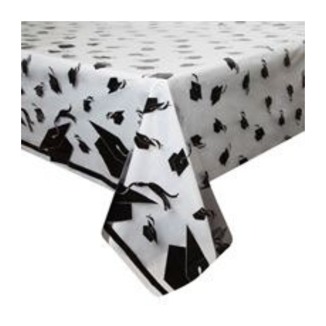 Black and white graduation table cover with cap print for graduation party from Parte Haus party supply store in Bethesda MD