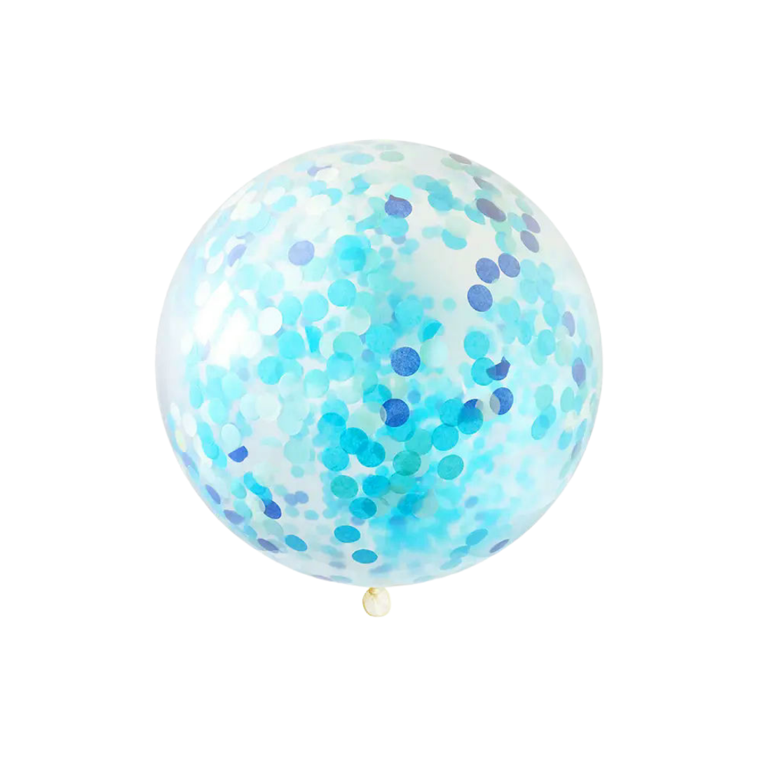 Blue confetti balloon with transparent design birthday decor from Parte Haus party supply store in Bethesda MD