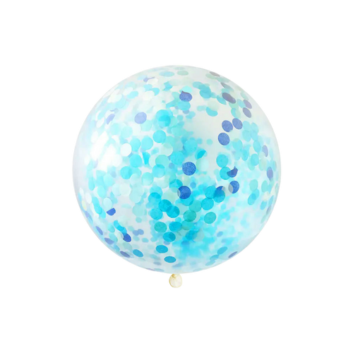 Blue confetti balloon with transparent design birthday decor from Parte Haus party supply store in Bethesda MD
