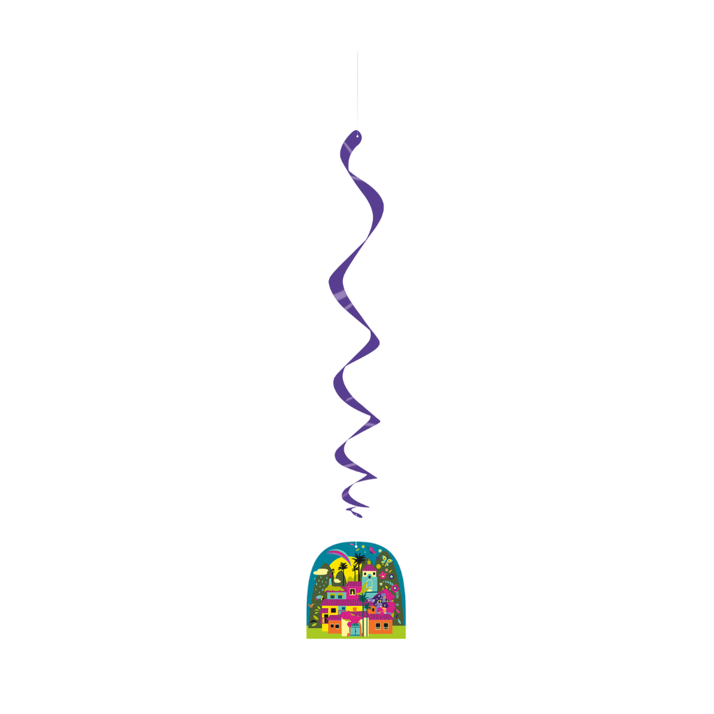 Purple Encanto hanging swirl decoration for birthday theme from Parte Haus party supply store in Bethesda Maryland