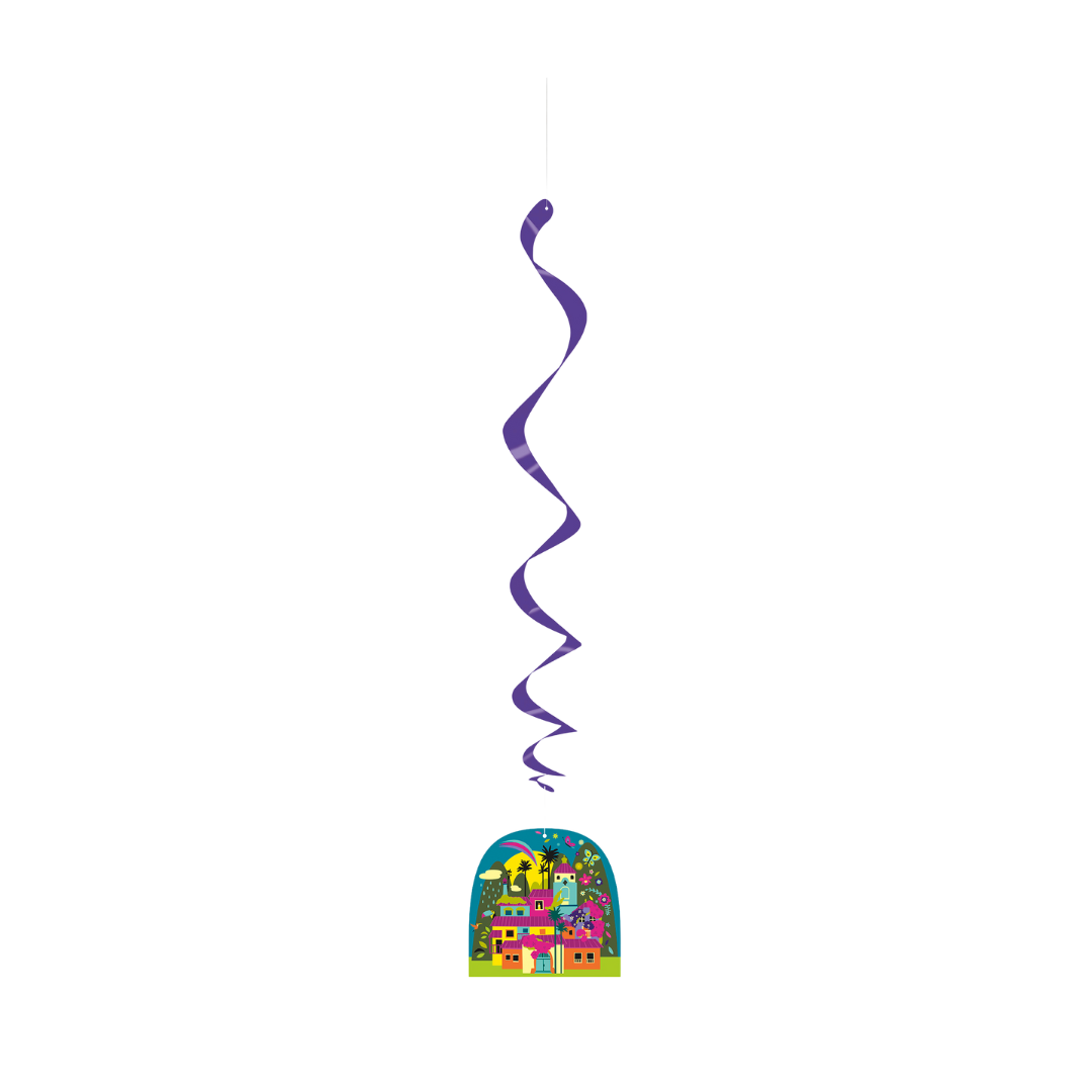 Purple Encanto hanging swirl decoration for birthday theme from Parte Haus party supply store in Bethesda Maryland