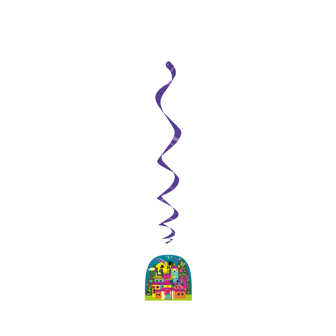 Purple Encanto swirl decoration with cartoon village design birthday theme from Parte Haus party supply store in Bethesda Maryland