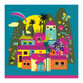 Colorful Encanto themed napkin with vibrant houses and flowers for birthday from Parte Haus party supply store in Bethesda Maryland