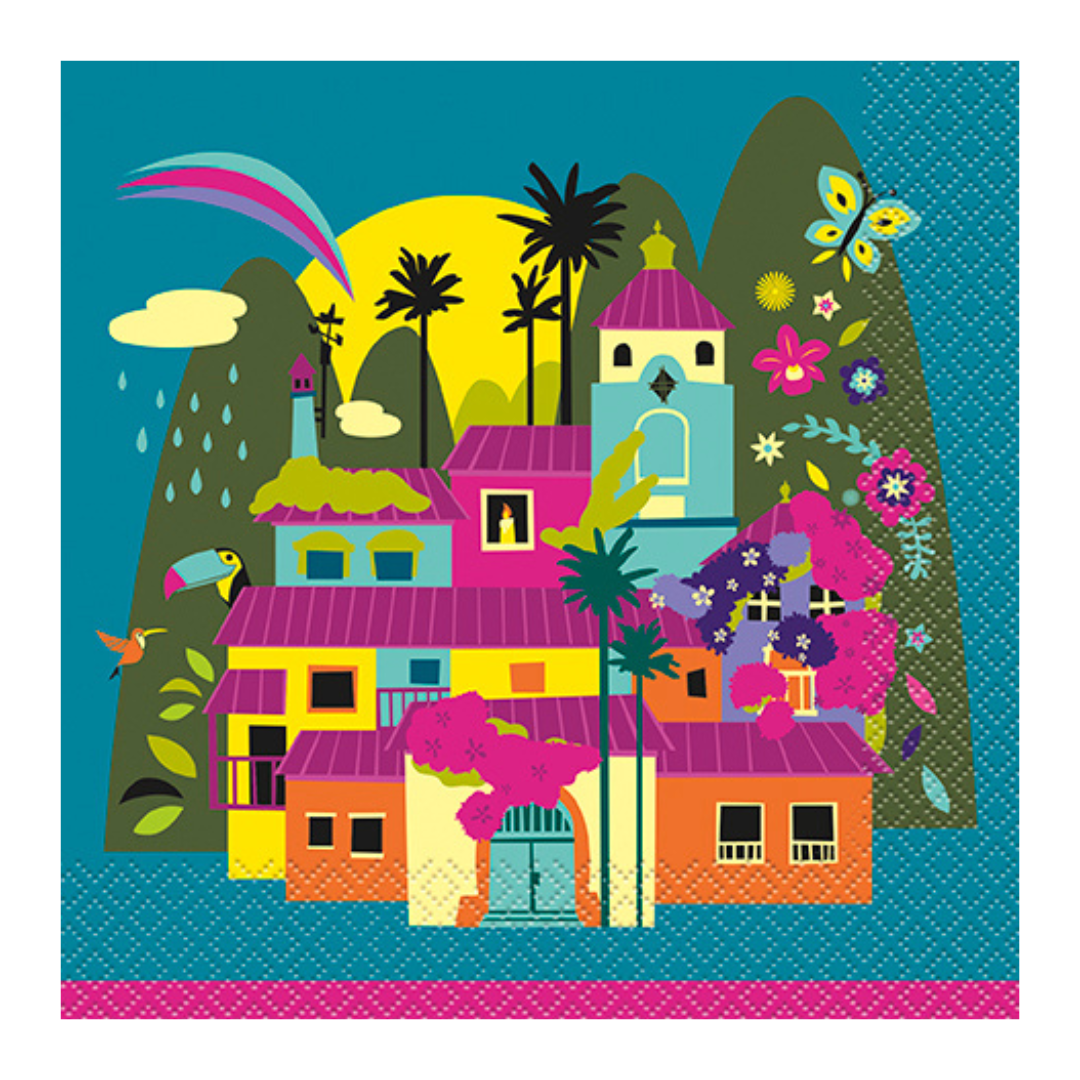 Colorful Encanto themed napkin with vibrant houses and flowers for birthday from Parte Haus party supply store in Bethesda Maryland