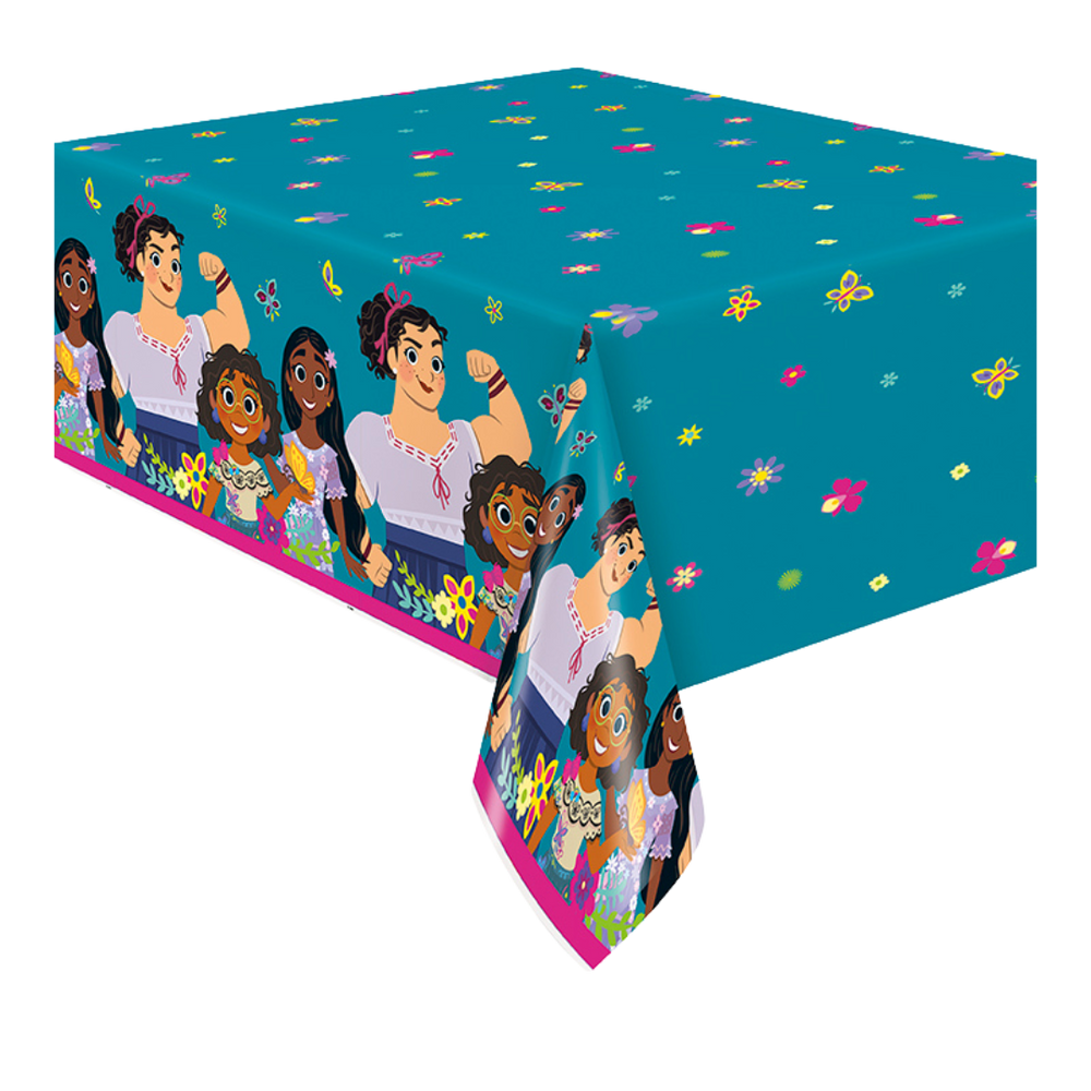 Blue Encanto table cover with cartoon characters and flowers for birthday from Parte Haus party supply store in Bethesda MD