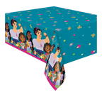 Blue Encanto table cover with cartoon characters and flowers for birthday from Parte Haus party supply store in Bethesda MD