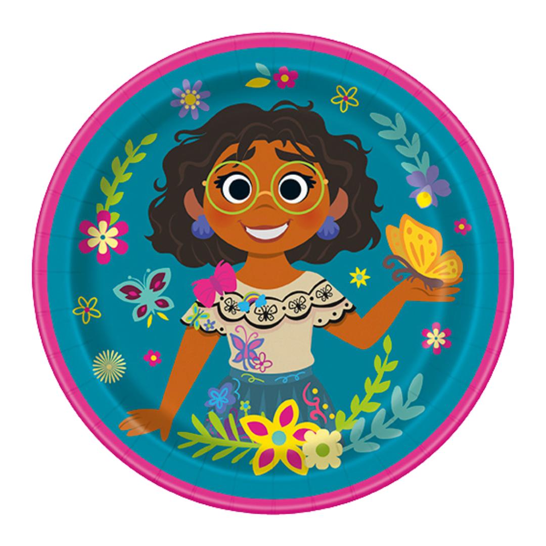 Blue Encanto character paper plate with flowers and butterflies theme from Parte Haus party supply store in Bethesda MD.