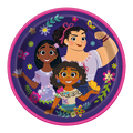 Purple Encanto paper plate with three smiling cartoon girls and colorful flowers for birthday theme from Parte Haus party supply store in Bethesda MD
