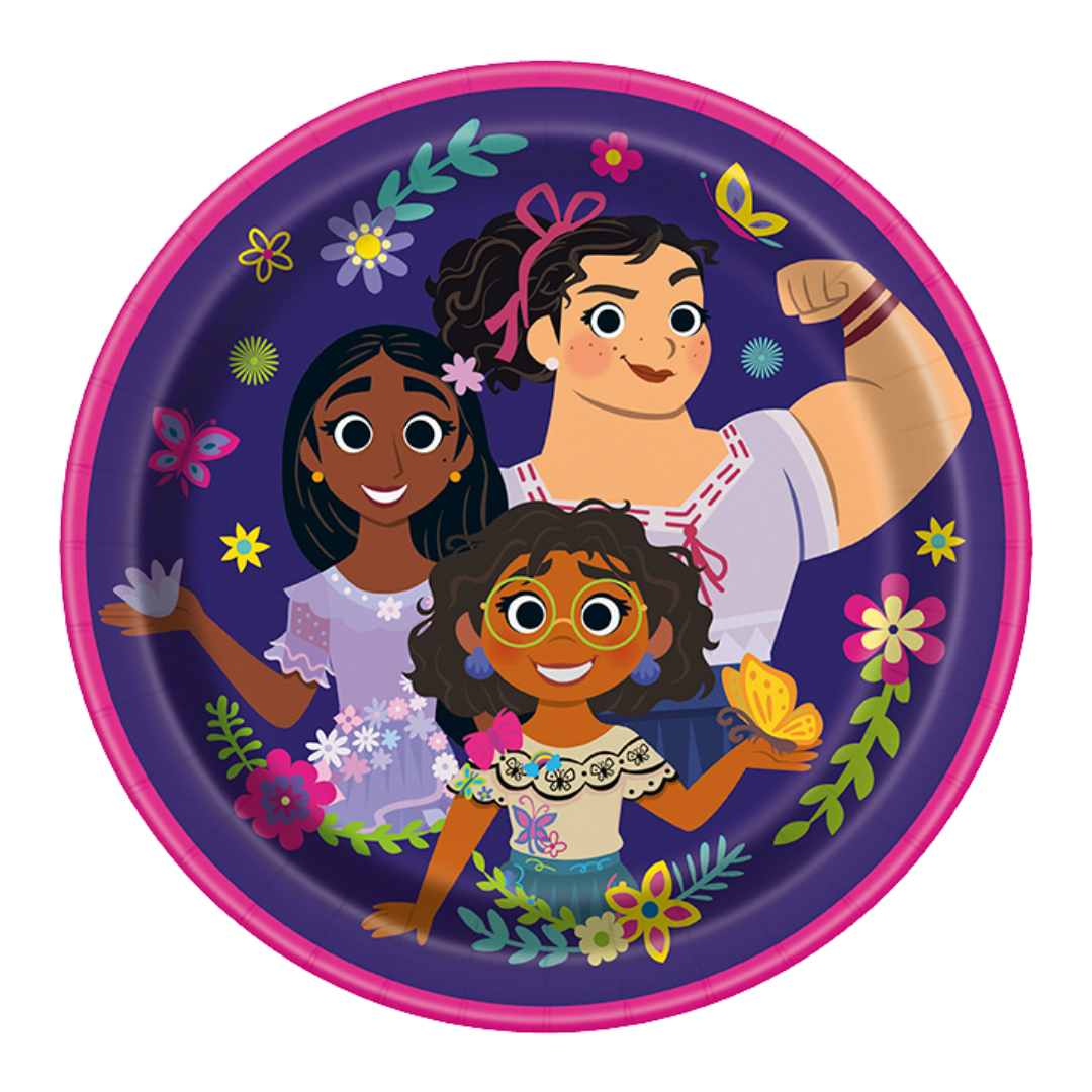 Purple Encanto paper plate with three smiling cartoon girls and colorful flowers for birthday theme from Parte Haus party supply store in Bethesda MD