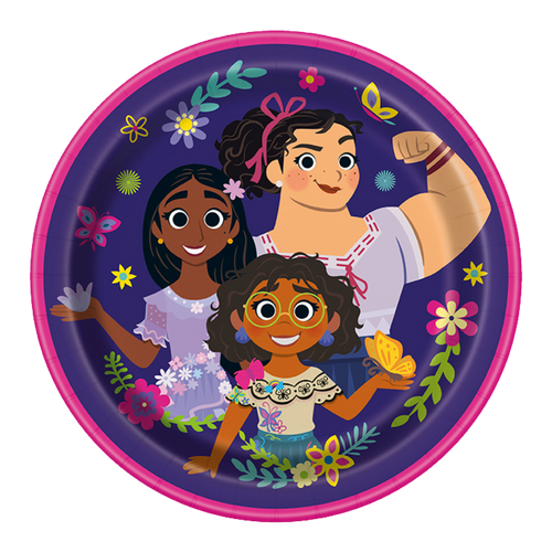Purple Encanto paper plate with three smiling cartoon girls and colorful flowers for birthday theme from Parte Haus party supply store in Bethesda MD