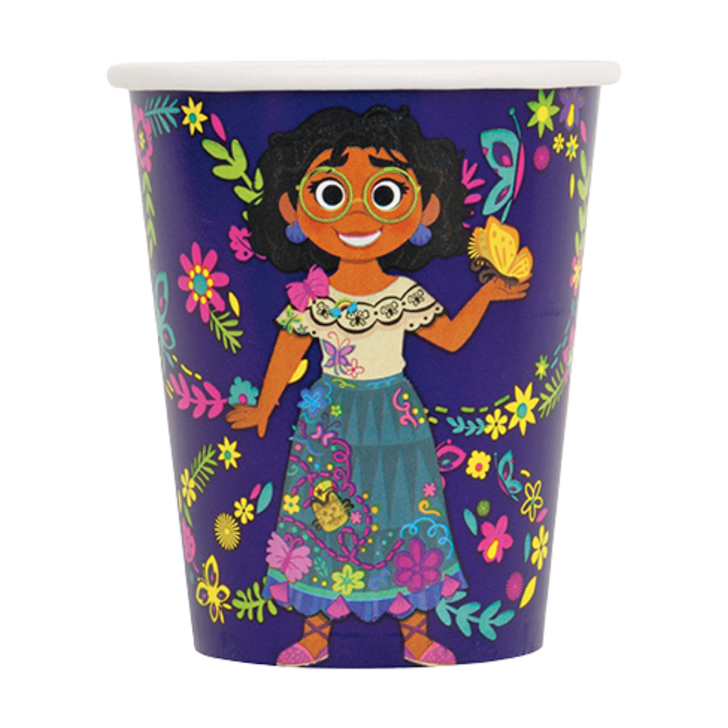Purple Encanto paper cup with Mirabel and floral design kids birthday from Parte Haus party supply store in Bethesda MD