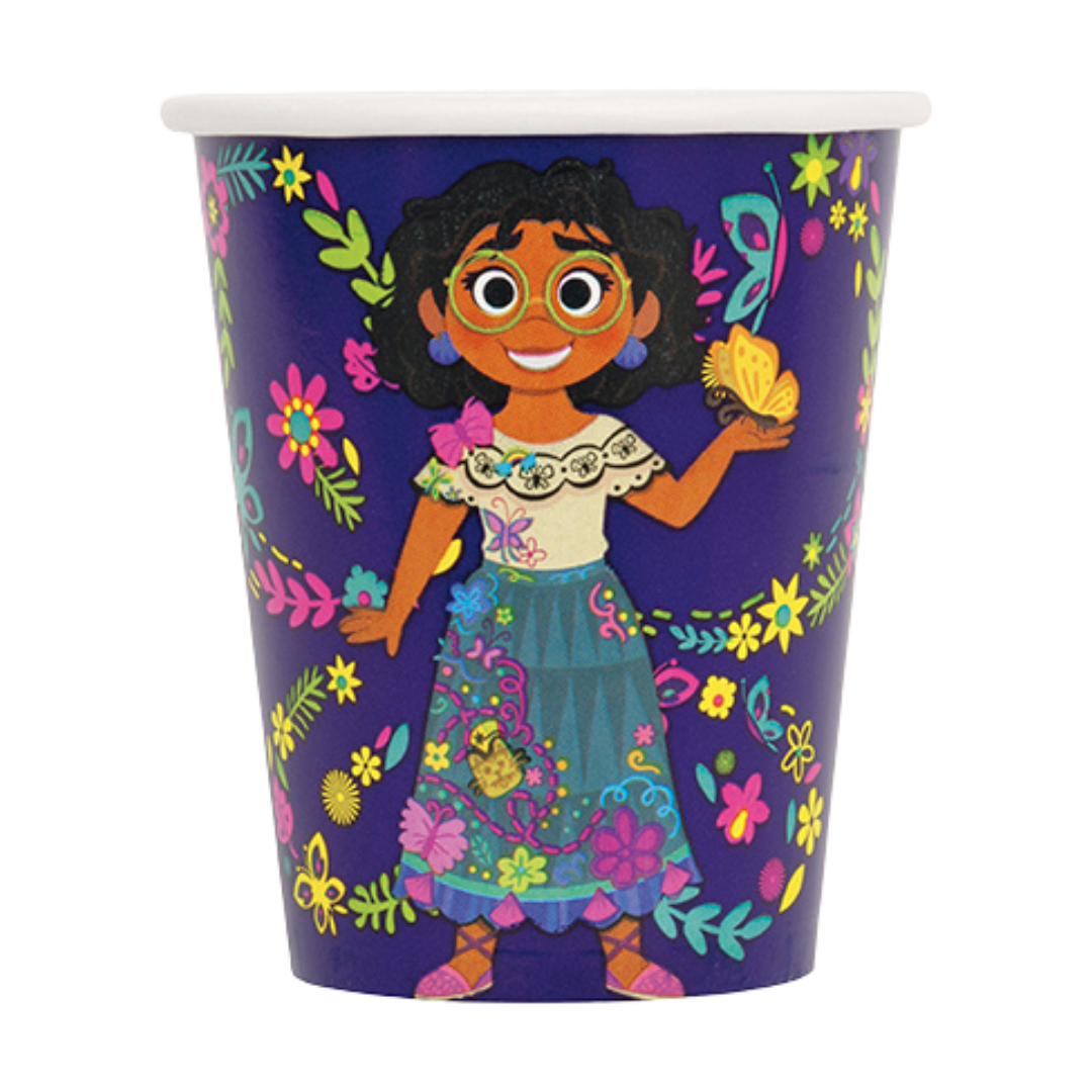 Purple Encanto paper cup with Mirabel and floral design kids birthday from Parte Haus party supply store in Bethesda MD