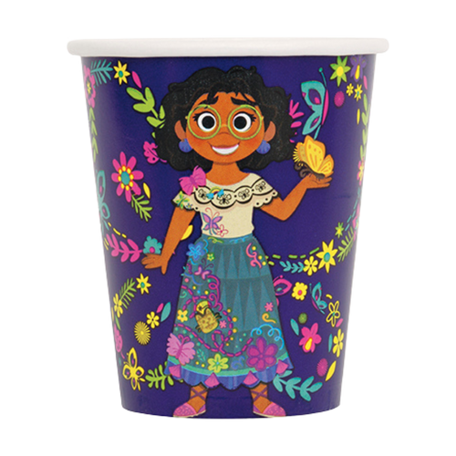 Purple Encanto paper cup with Mirabel and floral design kids birthday from Parte Haus party supply store in Bethesda MD