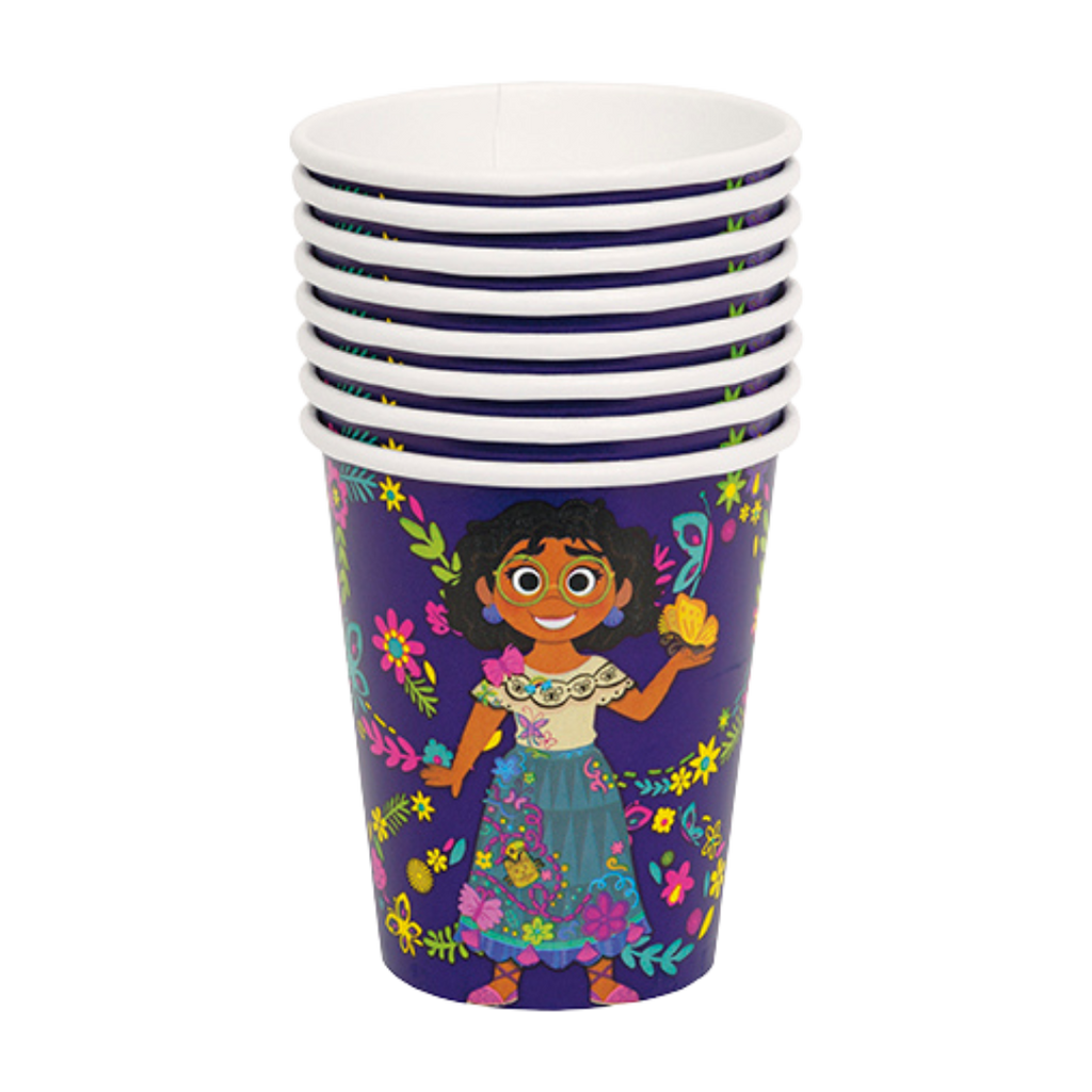 Purple Encanto paper cups with Mirabel character and floral design for birthday from Parte Haus party supply store in Bethesda Maryland