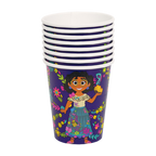 Purple Encanto paper cups with Mirabel character and floral design for birthday from Parte Haus party supply store in Bethesda Maryland