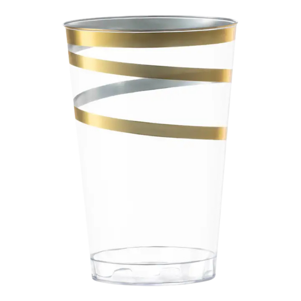 Gold clear plastic cup with metallic swirl design birthday celebration from Parte Haus party supply store in Bethesda, Maryland