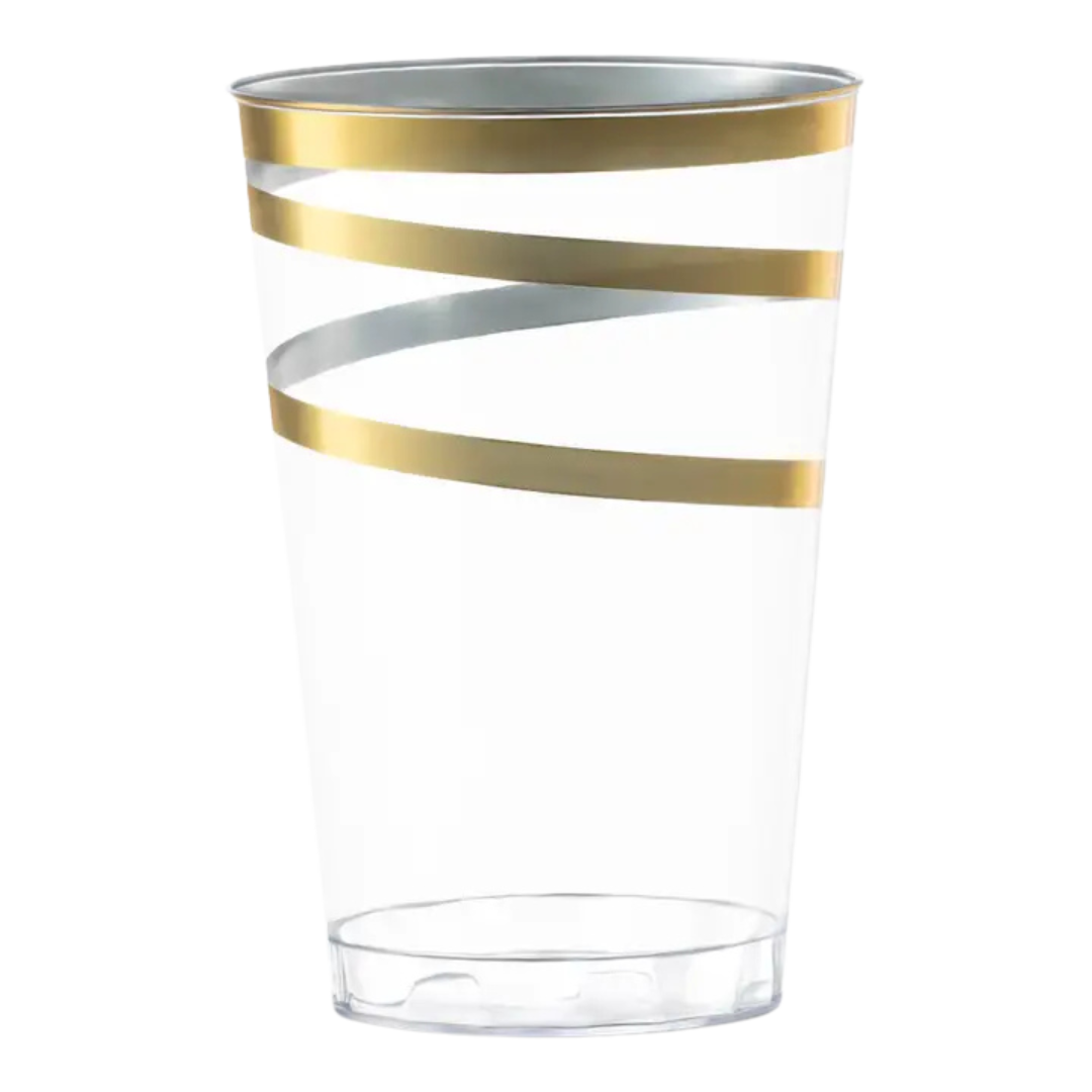 Gold clear plastic cup with metallic swirl design birthday celebration from Parte Haus party supply store in Bethesda, Maryland