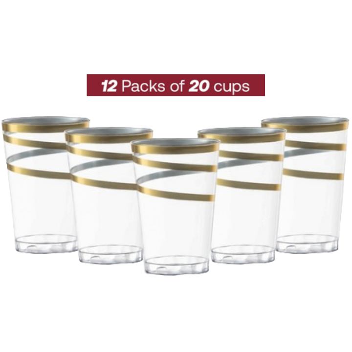 Gold clear plastic cups with metallic swirl design for celebrations from Parte Haus party supply store in Bethesda MD