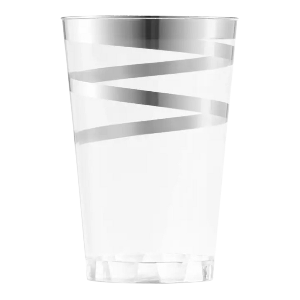 Silver striped clear plastic cup with modern design for celebrations from Parte Haus party supply store in Bethesda MD