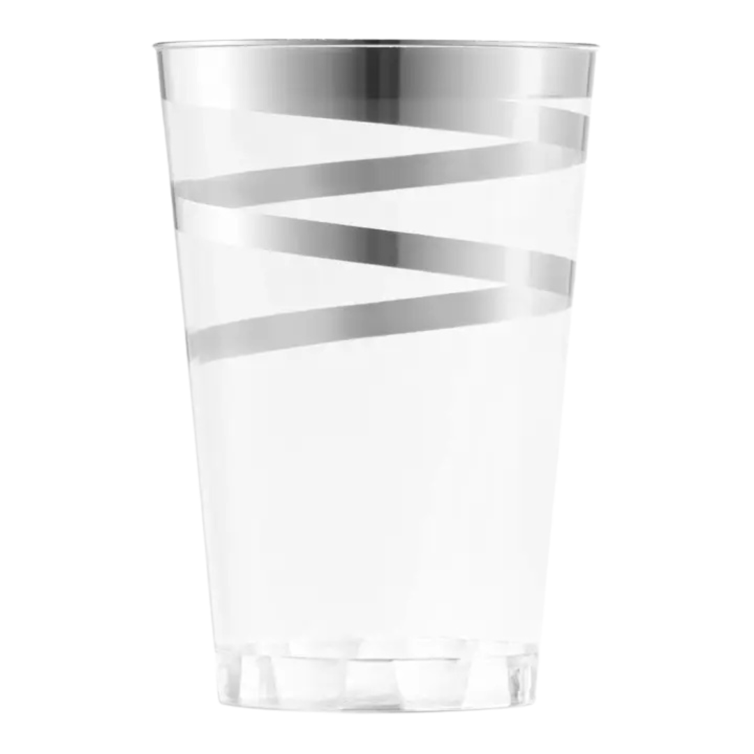 Silver striped clear plastic cup with modern design for celebrations from Parte Haus party supply store in Bethesda MD