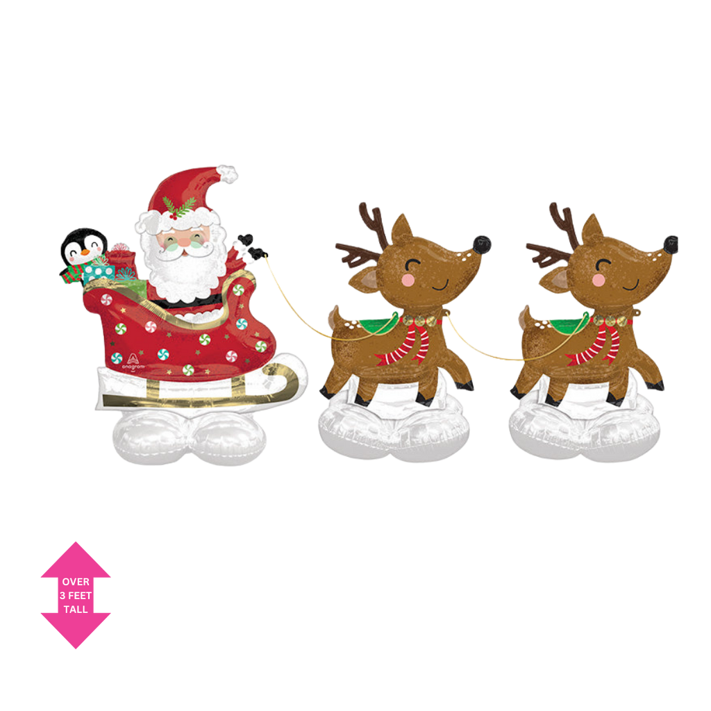 Red Santa and reindeer inflatable foil balloon for Christmas from Parte Haus party supply store in Bethesda Maryland