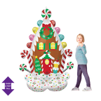 Colorful gingerbread house inflatable foil balloon Christmas decoration from Parte Haus party supply store in Bethesda MD
