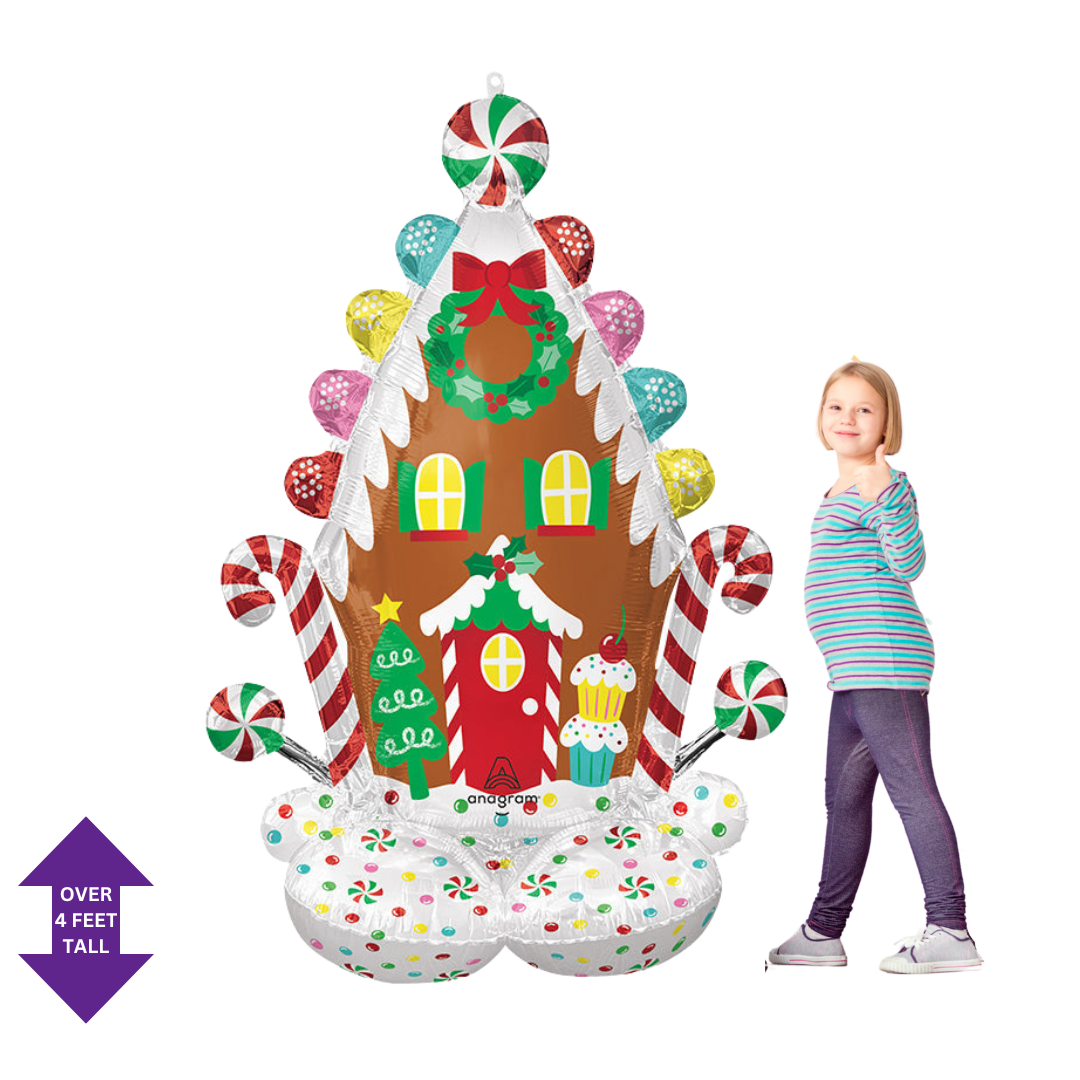 Colorful gingerbread house inflatable foil balloon Christmas decoration from Parte Haus party supply store in Bethesda MD