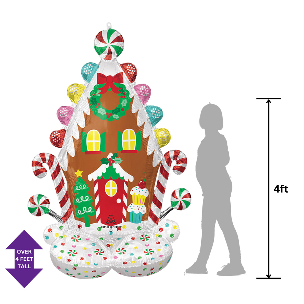 Colorful gingerbread house inflatable balloon with candy and wreath Christmas decor from Parte Haus party supply store in Bethesda Maryland