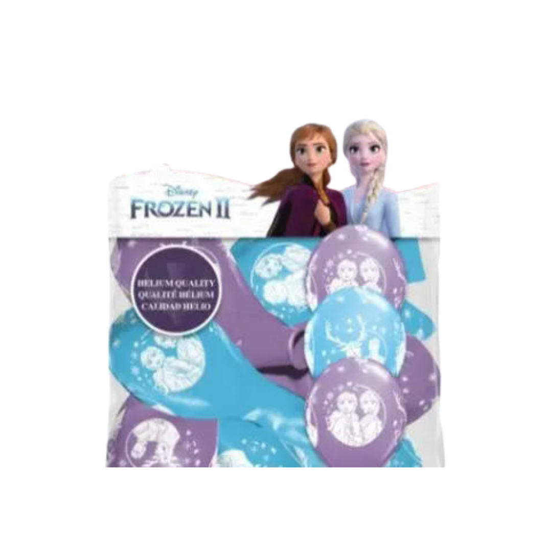 Blue and purple Frozen II balloons featuring Anna and Elsa birthday decoration from Parte Haus party supply store in Bethesda MD