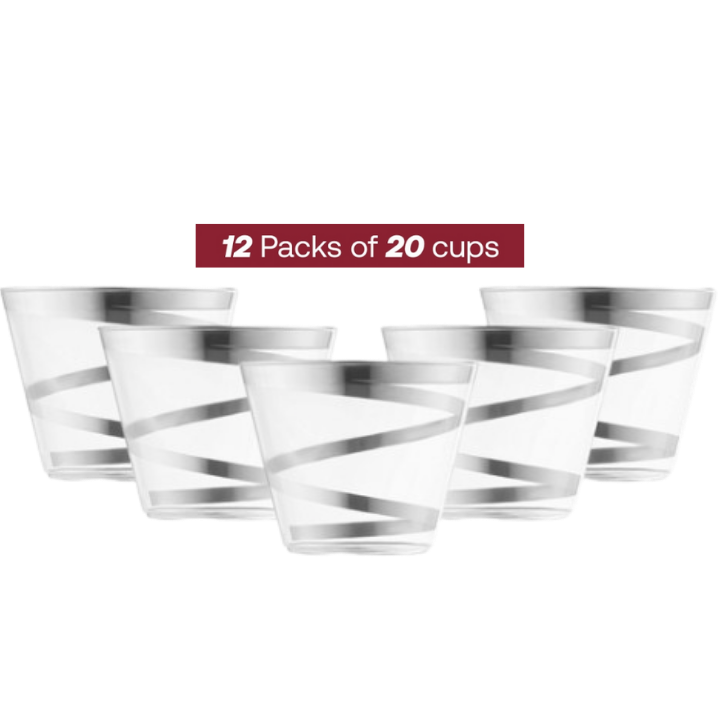 Silver striped plastic cups with swirl design for celebrations from Parte Haus party supply store in Bethesda Maryland