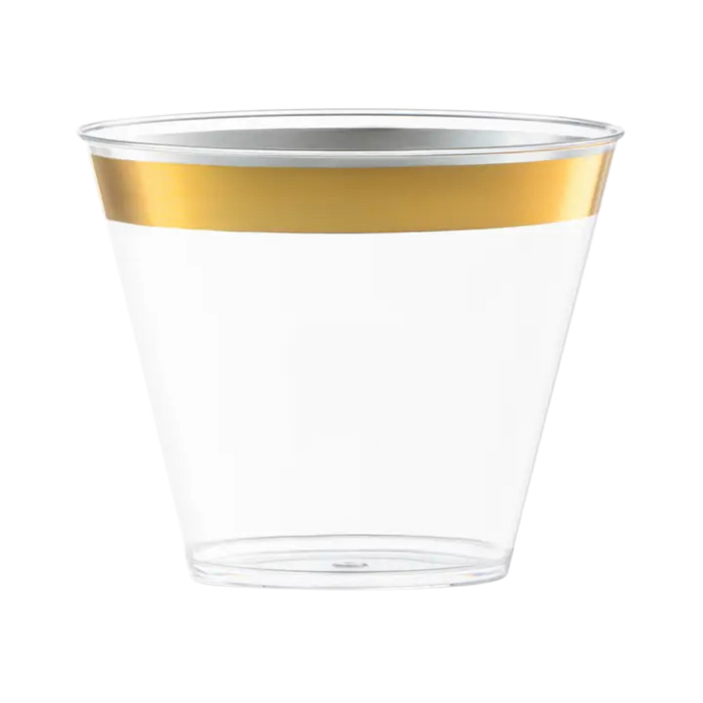 Gold rim clear plastic cup elegant design for celebrations from Parte Haus party supply store in Bethesda Maryland