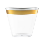 Gold rim clear plastic cup elegant design for celebrations from Parte Haus party supply store in Bethesda Maryland