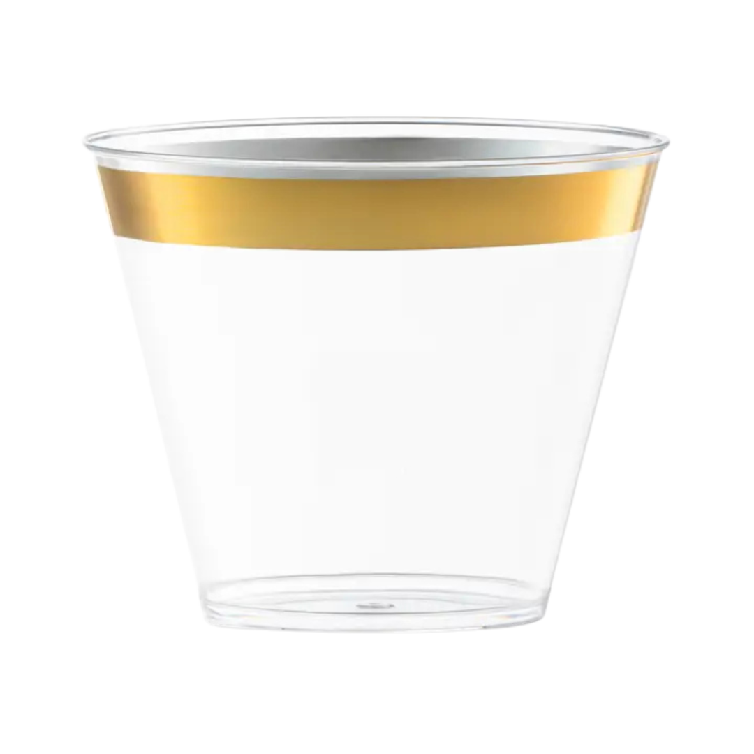 Gold rim clear plastic cup elegant design for celebrations from Parte Haus party supply store in Bethesda Maryland