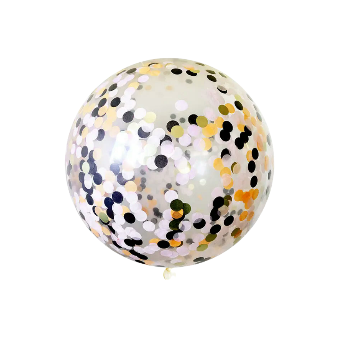 Gold black and white confetti balloon clear latex balloon for celebration from Parte Haus party supply store in Bethesda Maryland