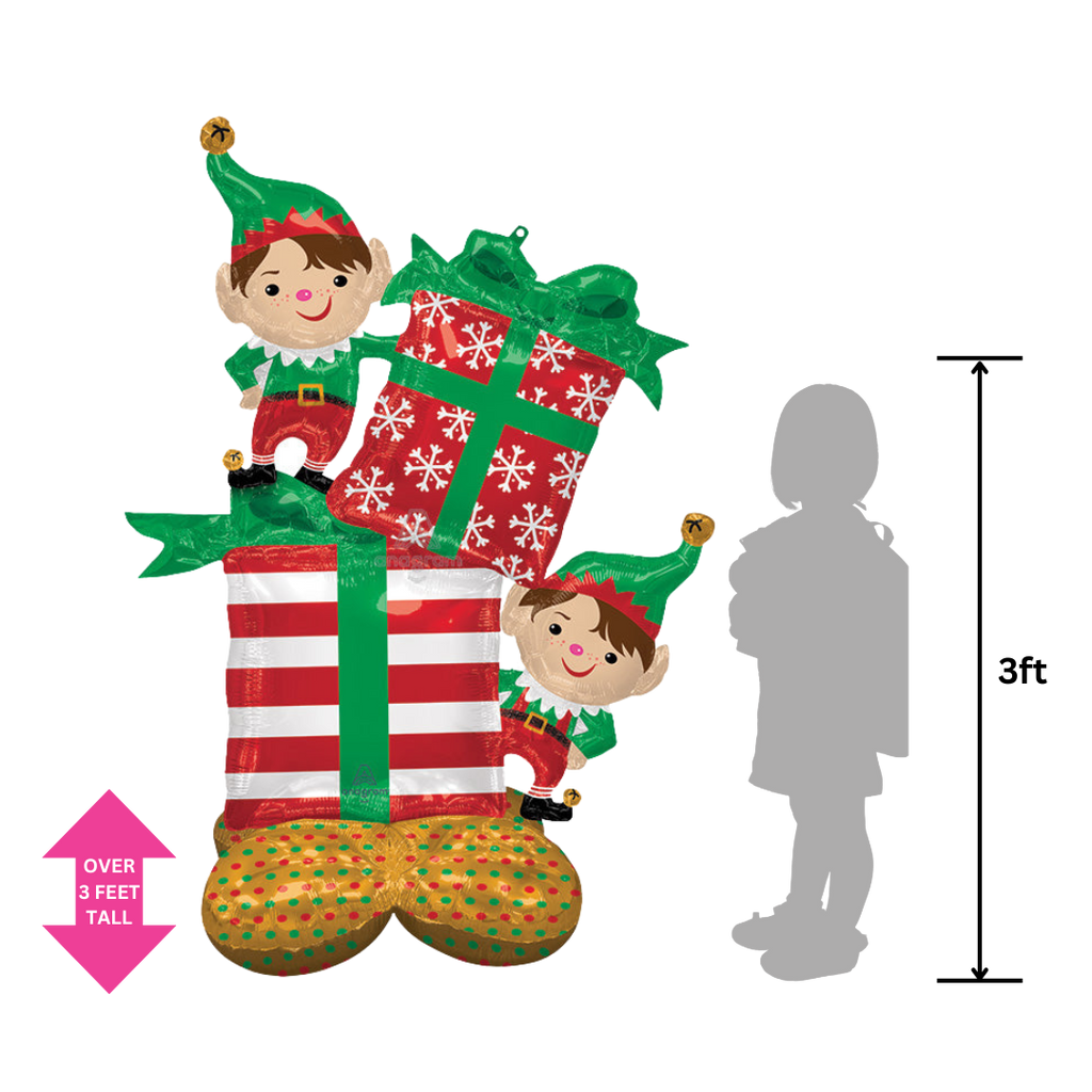 Green and red inflatable Christmas elves foil balloon with gift boxes Christmas decor from Parte Haus party supply store in Bethesda MD