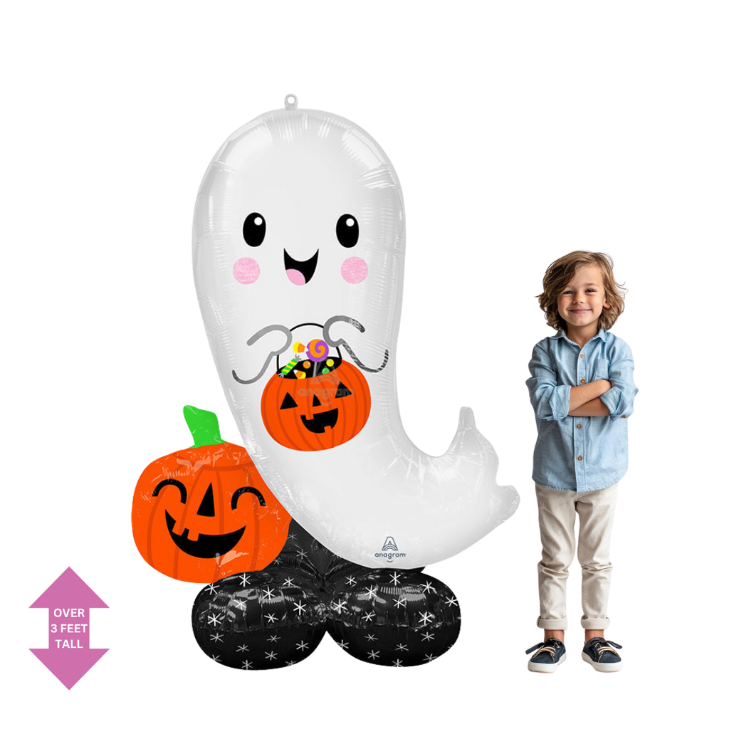 White ghost foil balloon with pumpkin and black star base Halloween decor from Parte Haus party supply store in Bethesda MD