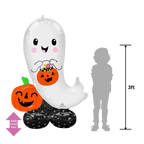 White inflatable ghost foil balloon holding a pumpkin Halloween decoration from Parte Haus party supply store in Bethesda MD