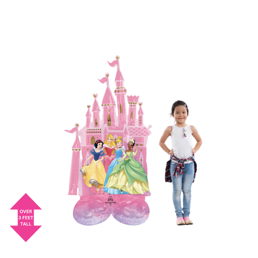 Pink Disney Princess foil balloon featuring castle and princesses for birthday from Parte Haus party supply store in Bethesda MD
