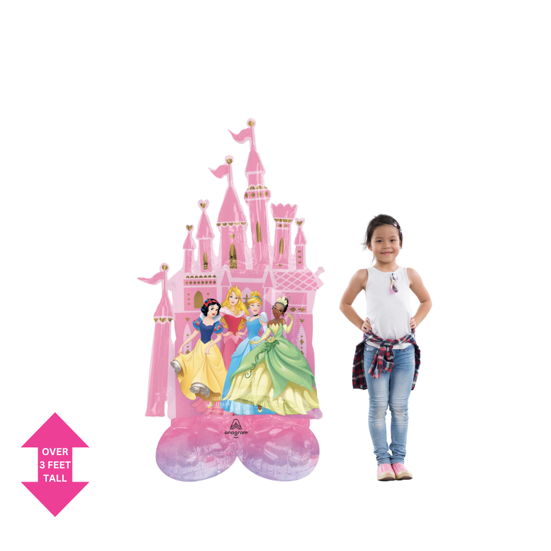 Pink Disney Princess foil balloon featuring castle and princesses for birthday from Parte Haus party supply store in Bethesda MD