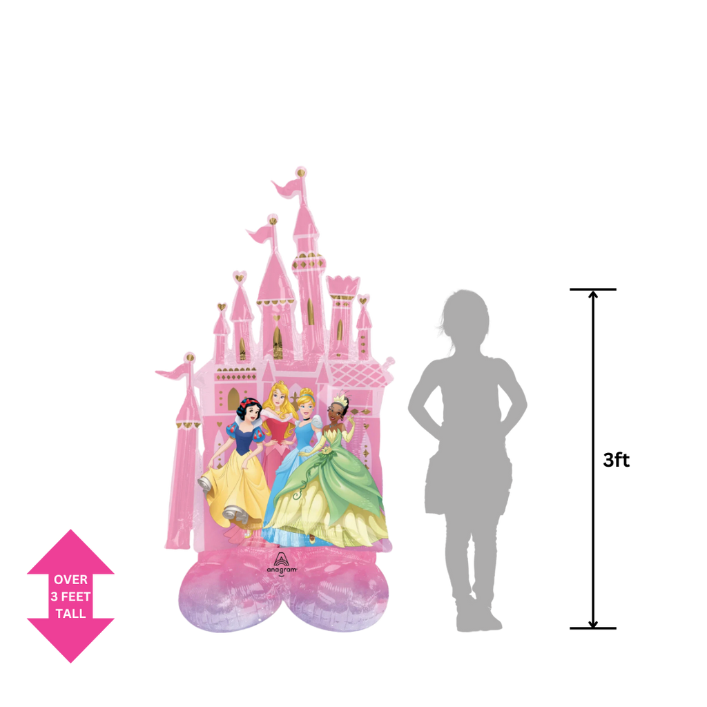 Pink Disney princess foil balloon castle with princess characters birthday theme from Parte Haus party supply store in Bethesda MD