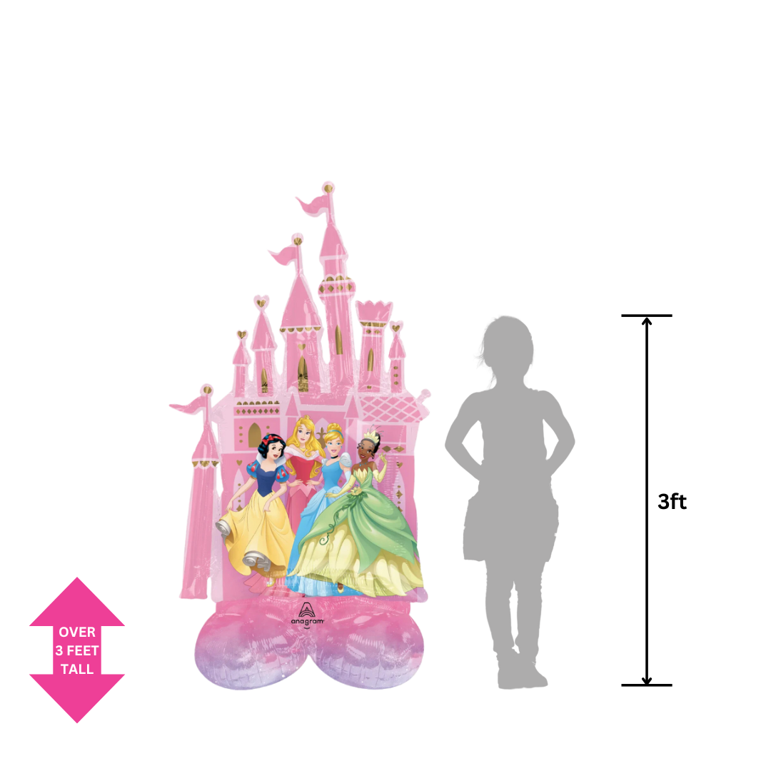 Pink Disney princess foil balloon castle with princess characters birthday theme from Parte Haus party supply store in Bethesda MD