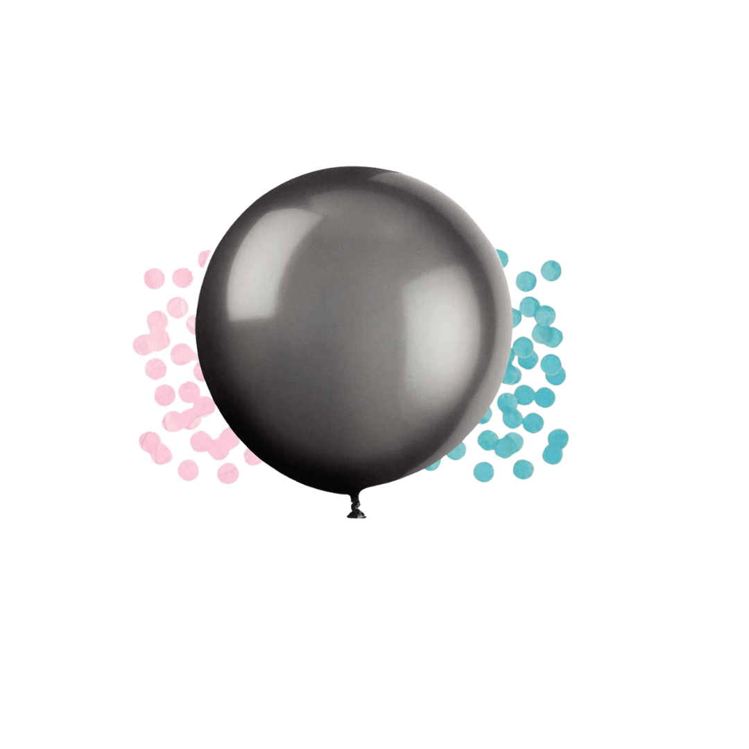 Black balloon with pink and blue confetti gender reveal from Parte Haus party supply store in Bethesda MD