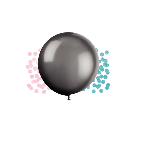 Black balloon with pink and blue confetti gender reveal from Parte Haus party supply store in Bethesda MD